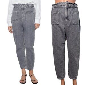 Zara Women’s 06 Tapered High Rise Balloon Style Faded Grey Paper Bag Jeans